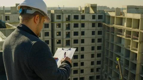 Construction worker or engineer on site checking the building plans on tablet Stock Photos