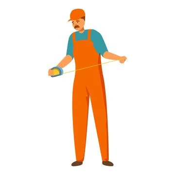 Construction worker in orange overalls is carefully measuring distance using a Illustrazione stock