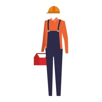 Construction worker overrall helmet and toolbox Illustrazione stock