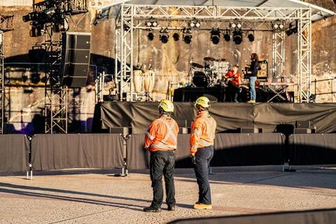 Construction Worker Overseeing Music Stage Construction at Sydney Opera Hou.. Stock Photos