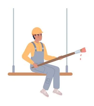 Construction worker with paint brush semi flat color vector character Stock Illustration