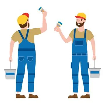 Construction worker painter with brush and paint bucket in workwear. Back and Stock Illustration