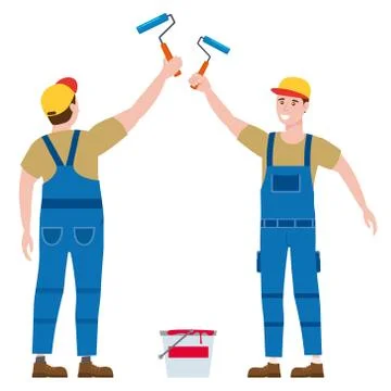 Construction worker painter with rollerbrush and paint bucket in workwear. Back Stock Illustration