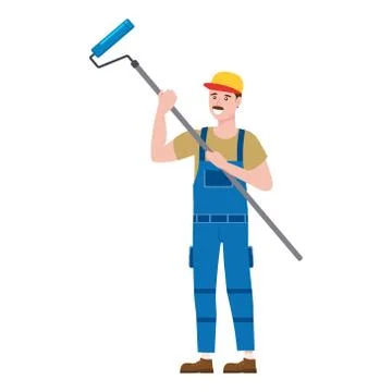 Construction worker painter with rollerbrush in workwear. Craftsman character Stock Illustration