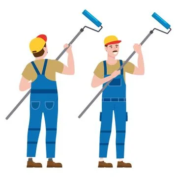 Construction worker painter with rollerbrush in workwear. Back and front view Stock Illustration
