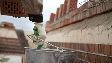 Construction worker picking up trowel from bucket while building brick wall Stock Photos