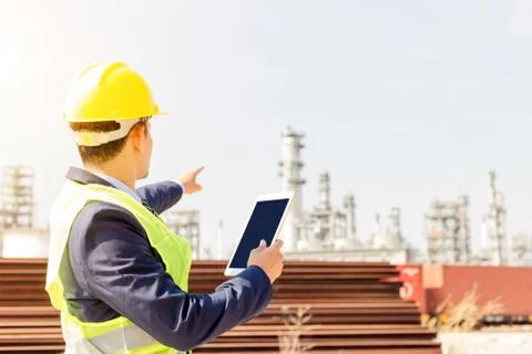 Construction Worker Planning Contractor Checking  at site gas, oil, energy an Foto stock