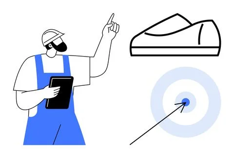 Construction Worker Planning Shoe Manufacturing Strategy while Targeting Goal Illustrazione stock