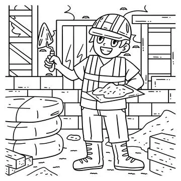 Construction Worker with Plaster Coloring Page Stock Illustration