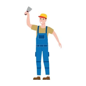 Construction worker with plastering trowel tool in workwear. Craftsman character Stock Illustration