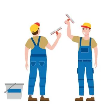 Construction worker with plastering trowel tool in workwear. Back and front view Stock Illustration
