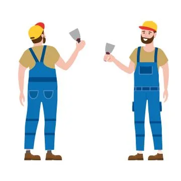 Construction worker with plastering trowel tool in workwear. Back and front view Stock Illustration
