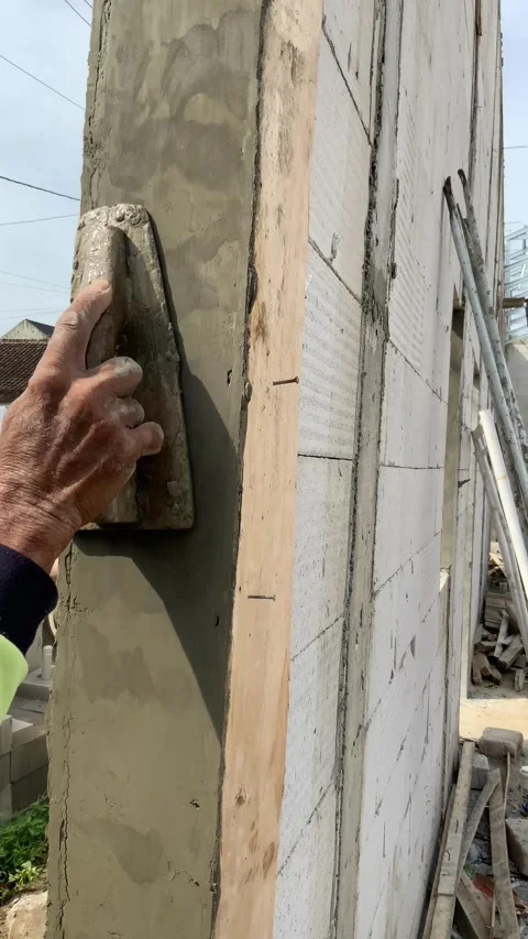 Construction worker plastering a wall made of autoclaved aerated concrete blocks Видео 334533867