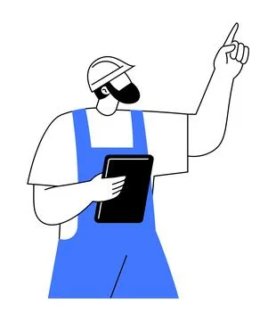 Construction Worker Pointing Upwards While Holding a Tablet Illustrazione stock