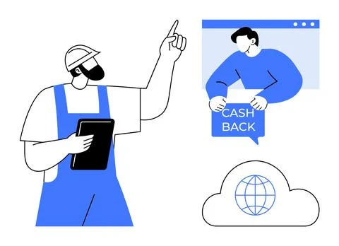 Construction worker pointing up while holding tablet, speech bubble with cash Illustrazione stock