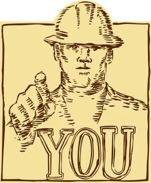 Construction Worker Pointing You Etching Illustrazione stock