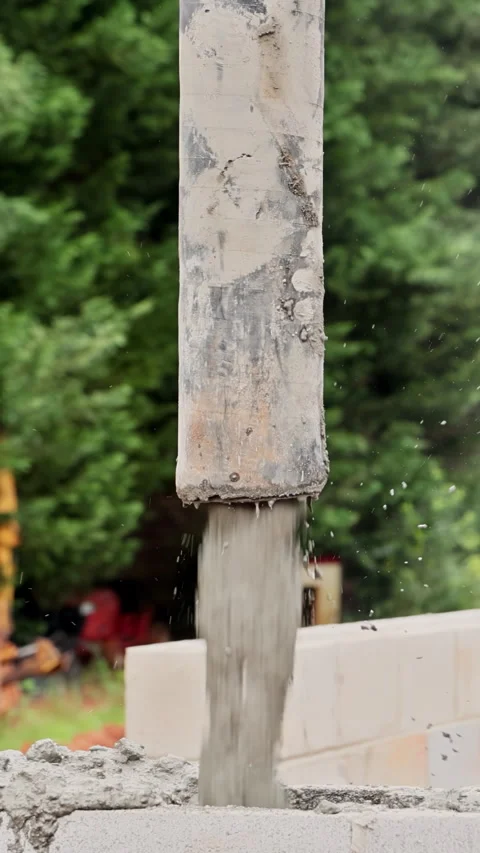 Construction worker pouring concrete for wall in construction machinery Stock Footage 343799736