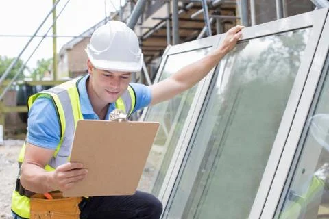 Construction Worker Preparing To Fit New Windows Foto stock