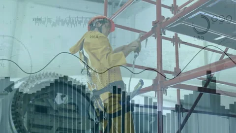 Construction worker preparing scaffold climb, connecting carabiner and testing Stock Footage 312003416