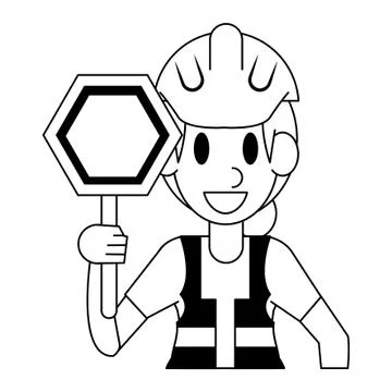 Construction worker professional character cartoon in black and white Illustrazione stock
