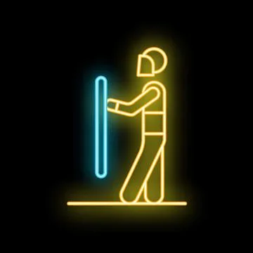 Construction worker pushing button on control panel neon sign Stock Illustration
