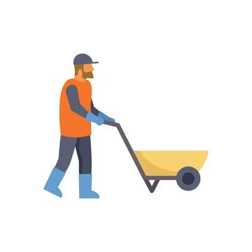 Construction worker pushing empty wheelbarrow side view minimalist illustration Stock Illustration