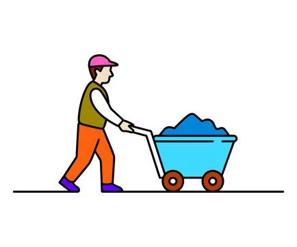 Construction worker pushing a wheelbarrow filled. Stock Illustration