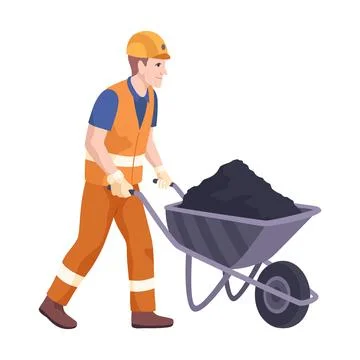 Construction Worker Pushing Wheelbarrow with Material Stock Illustration
