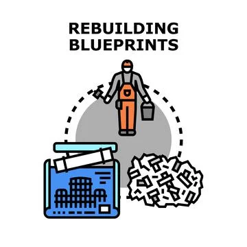 Construction worker rebuilding architectural blueprints for development proje Stock Illustration