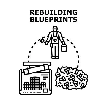 Construction worker rebuilding architectural blueprints for development proje Stock Illustration