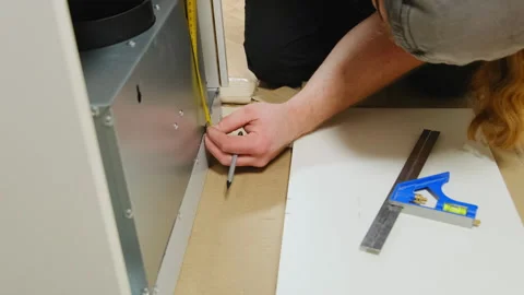 Construction worker rechecks dimensions of cabinet with tape measure Stock Footage 304401868