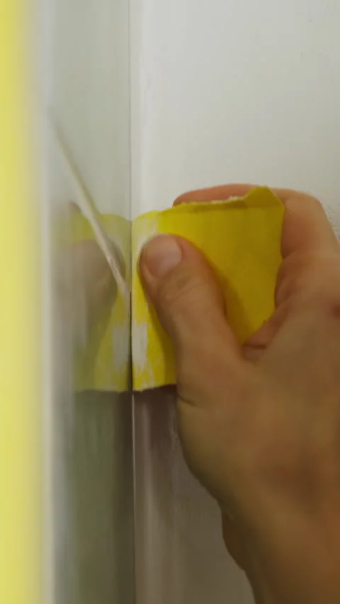 Construction worker removes dried spackling paste with rag Stock Footage 317084635