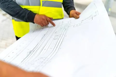 Construction worker reviewing blueprints at site Stock Photos