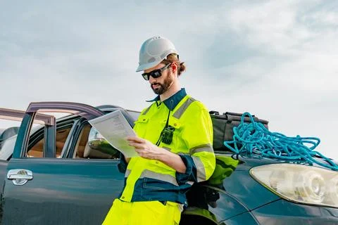 Construction worker reviews plans while standing next to vehicle on a job s.. Stock Photos
