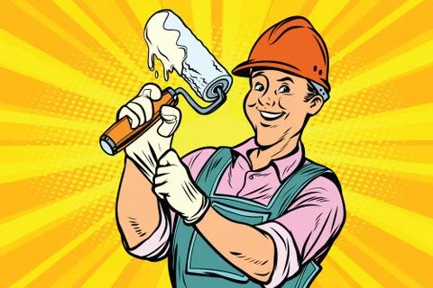 Construction worker with roller for paint Stock Illustration