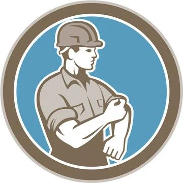 Construction Worker Rolling Up Sleeve Circle Retro Illustration of a const... Stock Photos