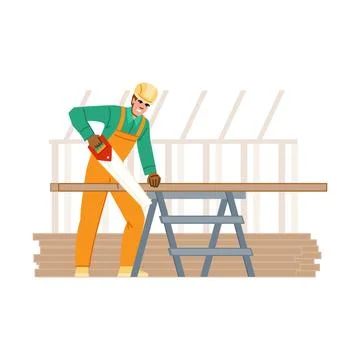 Construction worker sawing wood plank on sawhorses Stock Illustration