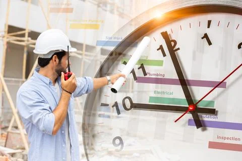 Construction worker with schedule project timeline and working time clock f.. 스톡 사진