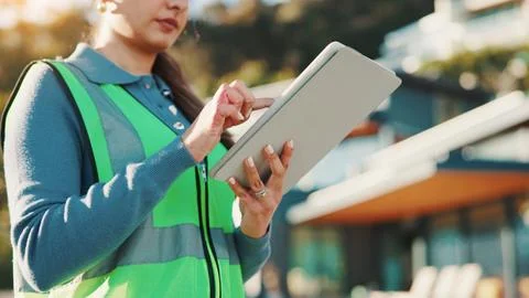 Construction worker, scroll and hands with tablet, outdoor or research for .. 스톡 사진
