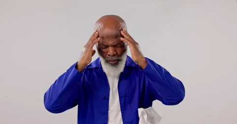 Construction worker, senior and man with headache of stress in studio with head Stock Footage 251804967
