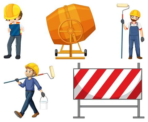 Construction worker set with man and tools Stock Illustration