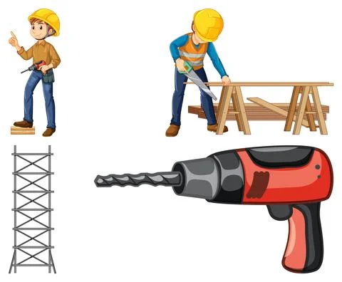 Construction worker set with man working Stock Illustration