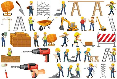 Construction worker set with people and tools Stock Illustration