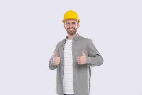 Construction Worker Showing Thumb Up Both Hands Smilling Isolated Standing Stock Photos