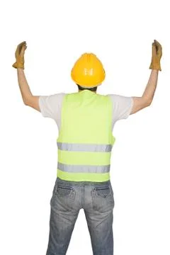 Construction worker signaling isolated on white background. Stock Photos