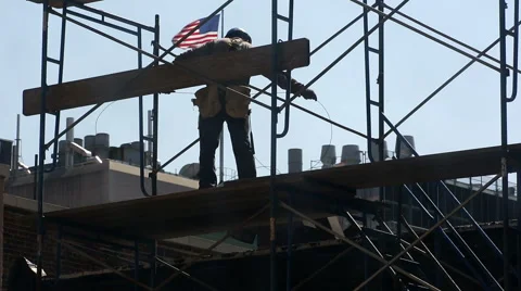 Construction Worker Silhouette American Flag Scaffolding Building NYC Union Stock Footage 42567321