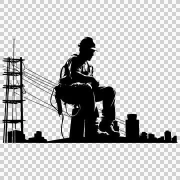 Construction Worker Silhouette On Steel Tower sitting cable Ilustración de archivo