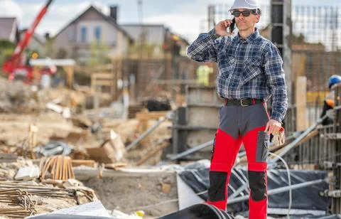 Construction Worker on Site Talking on Phone Stock Photos