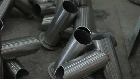 Construction worker at the site welding metal pipes with special blue helmet Vídeo Stock 142880277