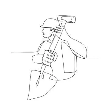 Construction Worker Spade Continuous Line Stock Illustration